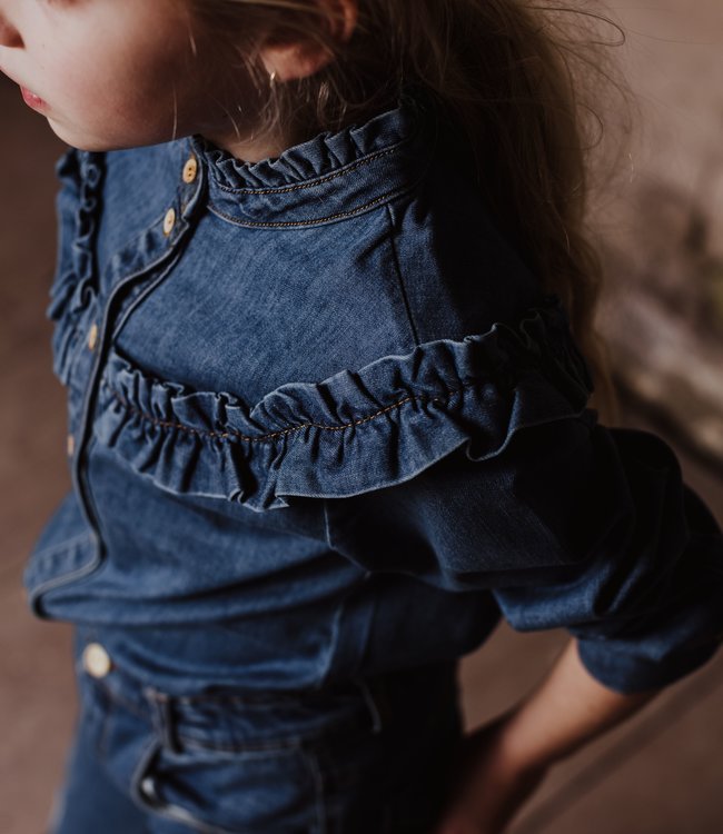 Little Hedonist Denim meisjes hemd met frulletjes