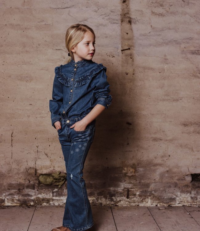 Little Hedonist Denim meisjes hemd met frulletjes