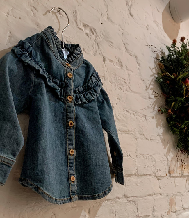 Little Hedonist Denim meisjes hemd met frulletjes