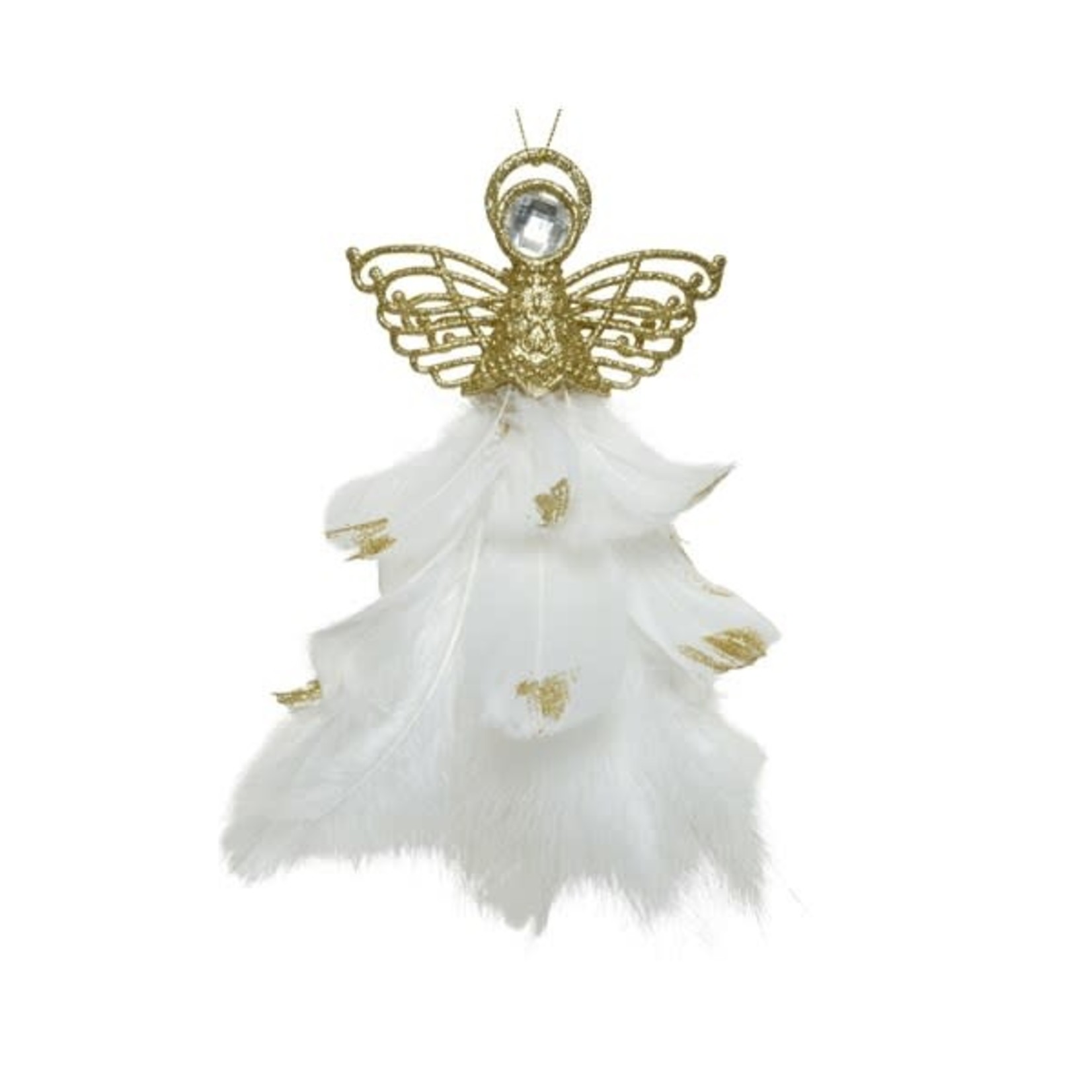 Kaemingk Hanger plastic with white feather light gold H21cm