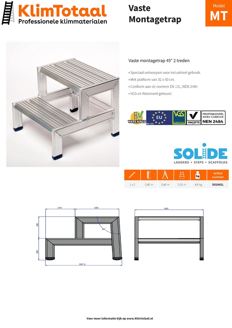 Solide Montagetrap 45° mt 2 Treden | 50cm