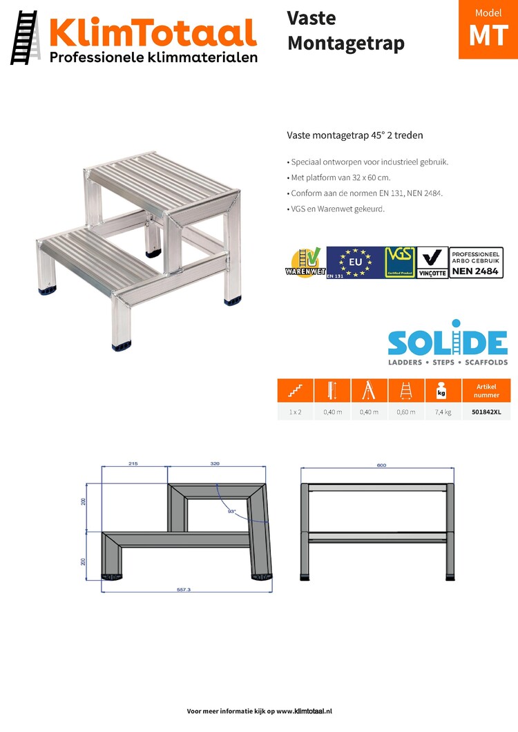 Solide Montagetrap 45° mt 2 Treden | 60cm