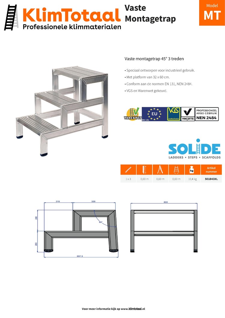 Solide Montagetrap 45° mt 3 Treden | 60cm