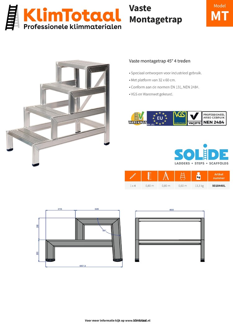 Solide Montagetrap 45° mt 4 Treden | 60cm