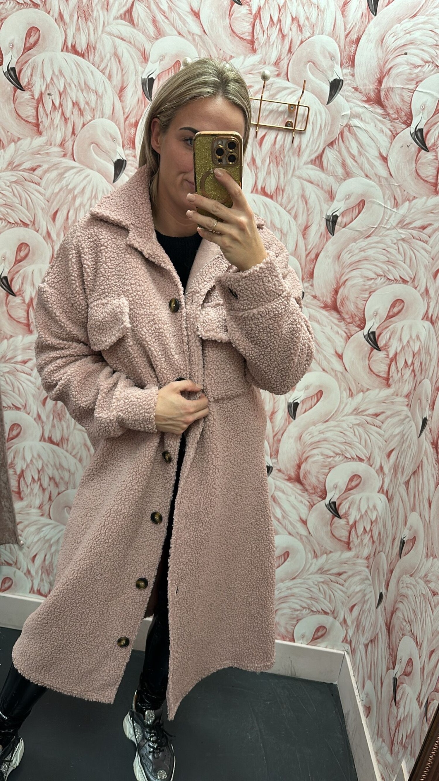 Long teddy coat beige discount