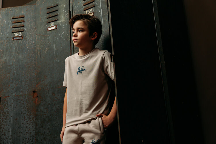 MALELIONS JONGENS T-SHIRT JUNIOR STRIPED SIGNATURE TAUPE