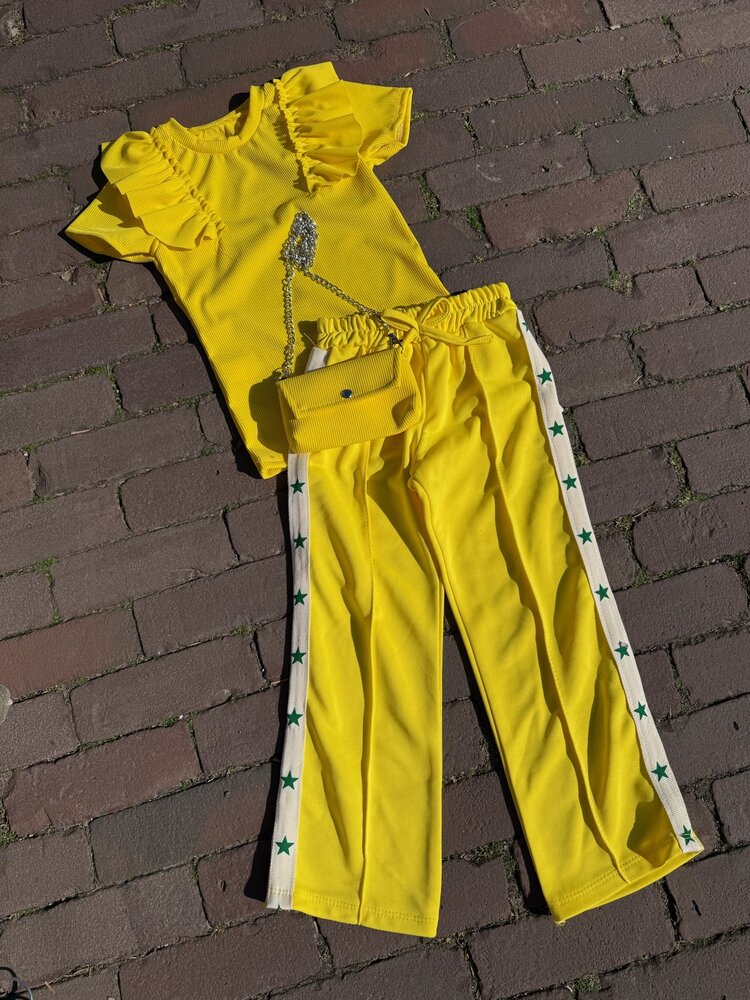 MEISJES WIDE LEG GEEL+STERRENBIES