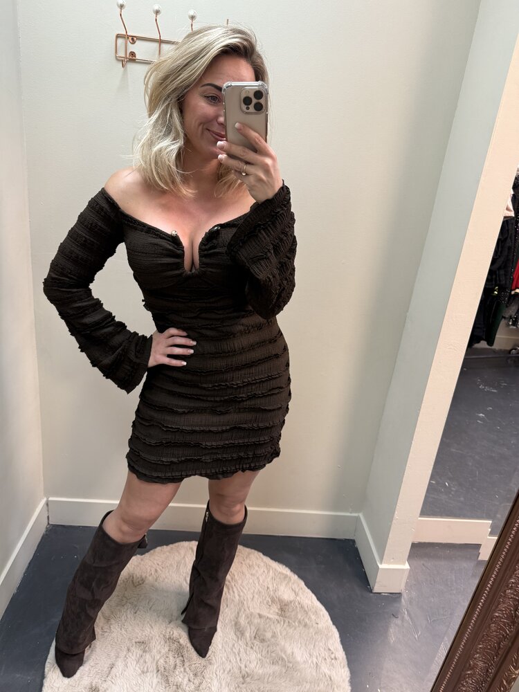 DAMES DRESS BROWN RUFFLE