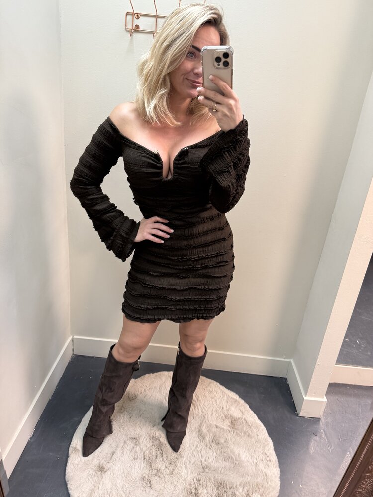 DAMES DRESS BROWN RUFFLE