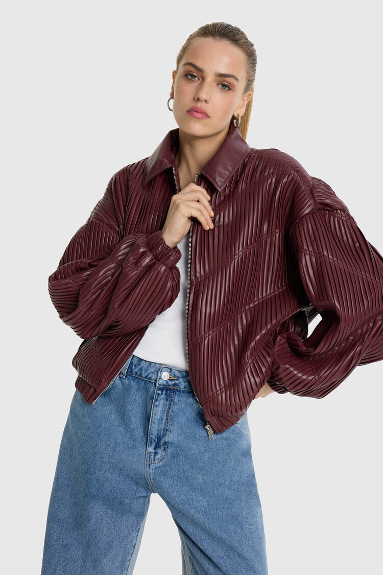 ALIX THE LABEL ALIX PLEATED FAUX LEATHER BOMBER