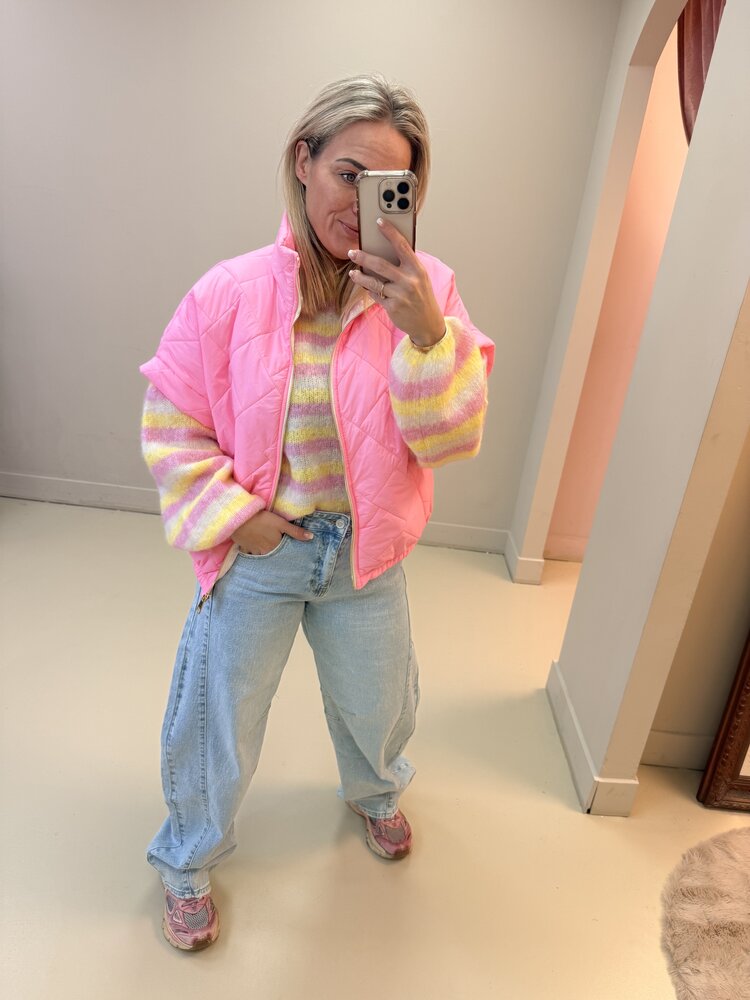 DAMES KNIT GEEL ROZE GESTREEPT