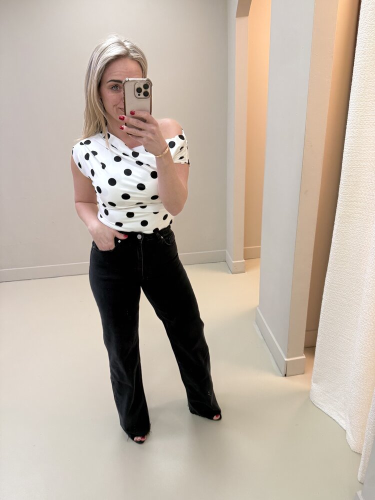 DAMES POLKADOT TOP WIT/ZWART