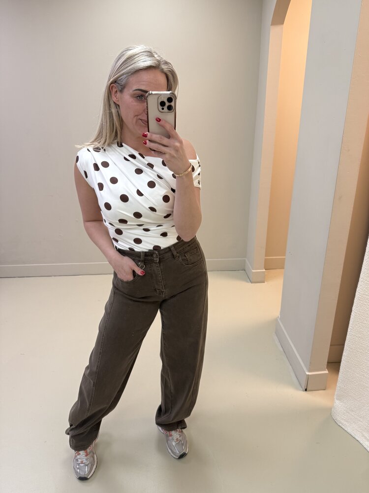 DAMES POLKADOT TOP WIT/BRUIN