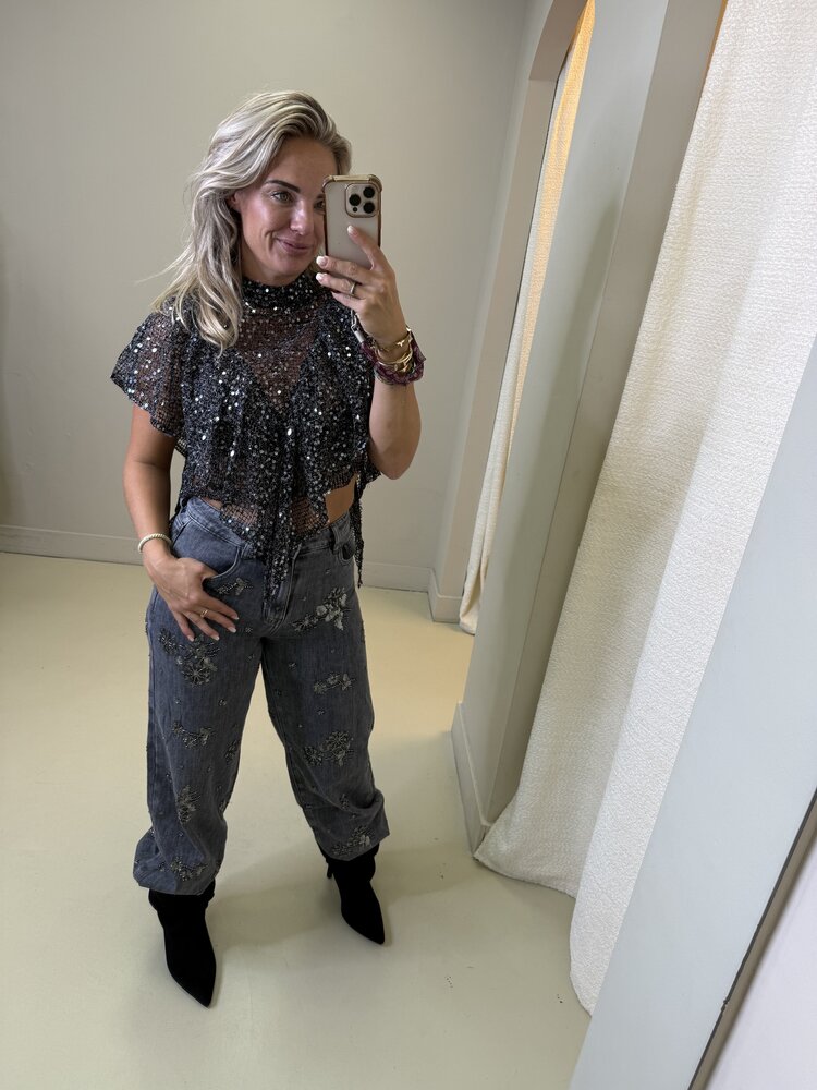 JEANS GREY FLOWER SPARKLING