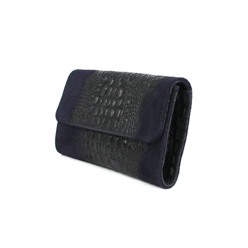 Donkerblauwe suède clutch met krokoreliëf