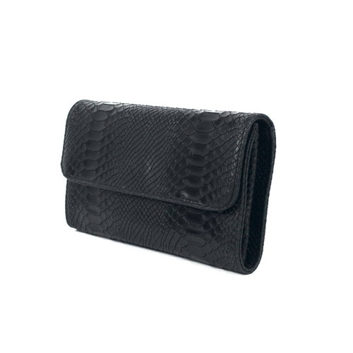 Zwarte clutch van leer met slangenreliëf