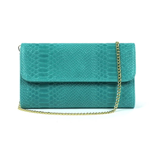 Turquoise clutch van leer met slangenreliëf