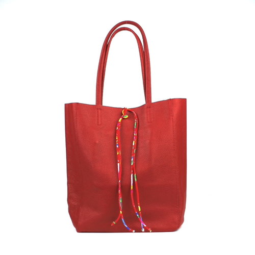 Rode leren shopper / schoudertas met veter