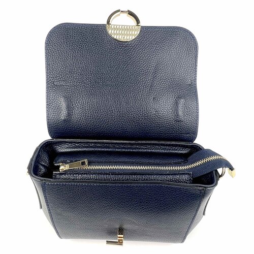 Italiaanse leren hand- schouder tas met O-sluiting, donkerblauw