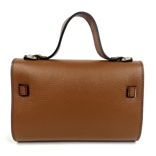 Cognac leren schoudertasje met horizontale riempjes 'Birkin look'