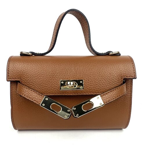 Cognac leren schoudertasje met horizontale riempjes 'Birkin look'