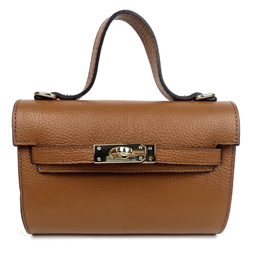 Cognac leren schoudertasje met horizontale riempjes 'Birkin look'