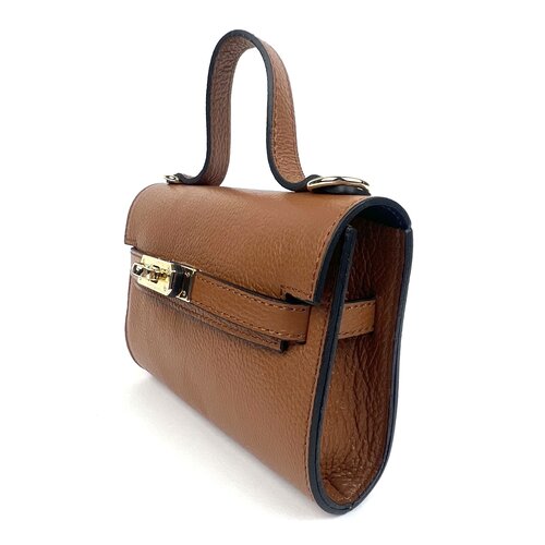 Cognac leren schoudertasje met horizontale riempjes 'Birkin look'