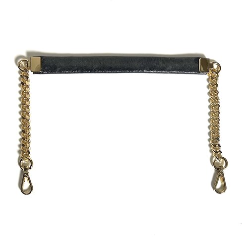 Goudkleurige facet schouderketting met metallic zwart leer 60cm Goudkleurige facet schouderketting met metallic zwart leer 60cm