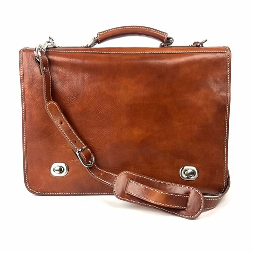 Cognackleurige leren messenger (laptop) tas