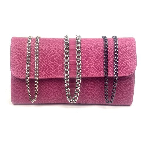 Fuchsia clutch van leer met slangenreliëf