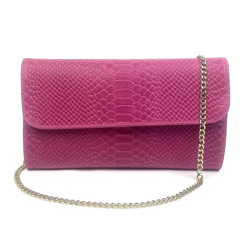 Fuchsia clutch van leer met slangenreliëf