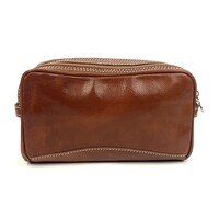 Dubbele cognackleurige leren toilettas