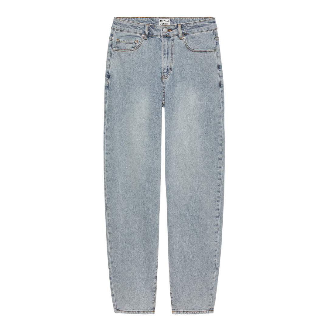 Red & blue pinstripe barrel jeans