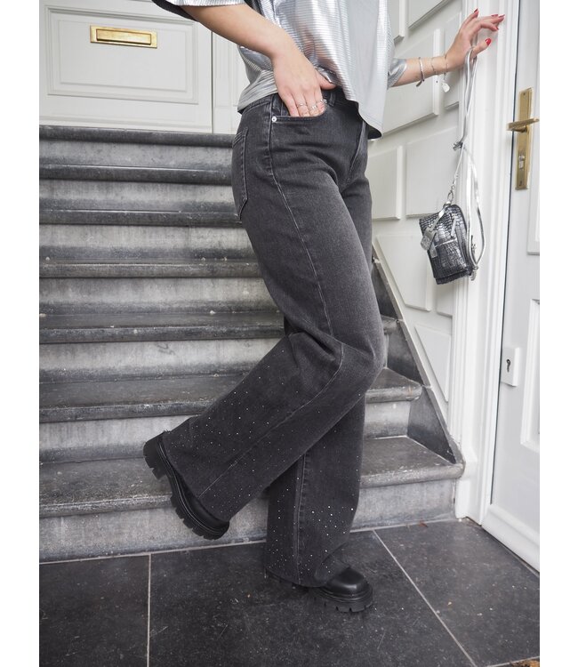 Catwalk Junkie Loose Fit Jeans with Metallic Strass - Washed Black