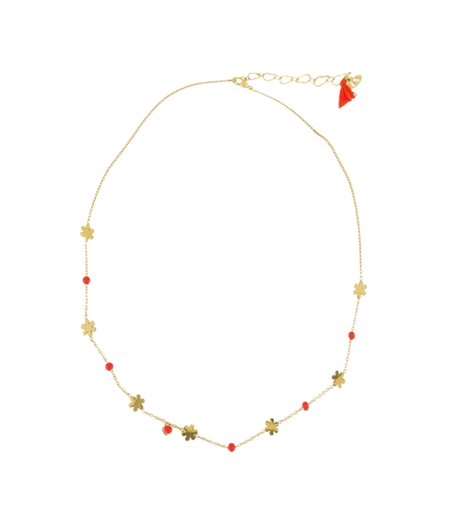Zusss Ketting met Bloem Kralen - Oranjerood/Goud