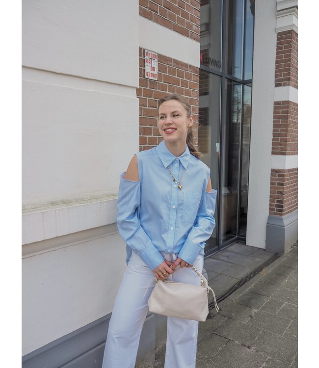 Catwalk Junkie Open Shoulder Blouse - Chambray Blue