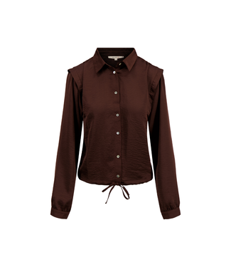 Zusss Satijnen Blouse met Schouderdetail - Chocoladebruin