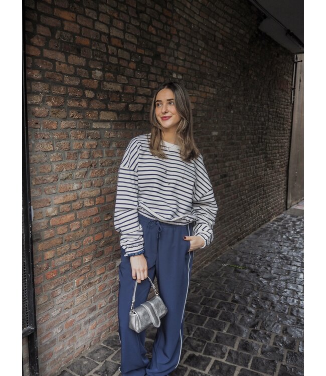 Catwalk Junkie Striped Sweater with Elastic Hems - Navy Blazer