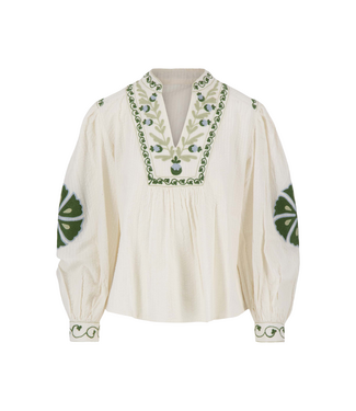 Zusss Seersucker Blouse met Bloemen - Off White/Mossgreen
