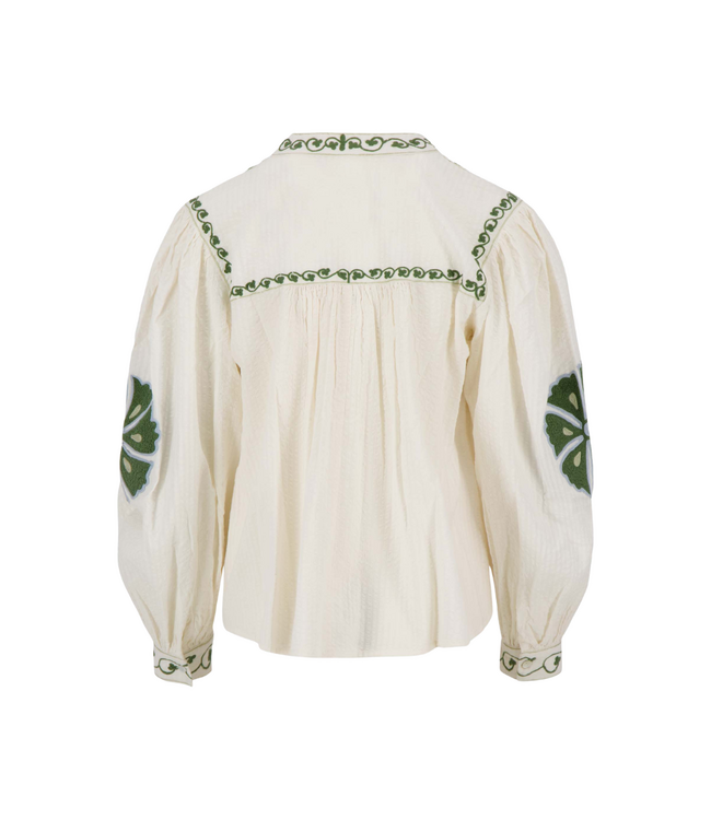 Zusss Seersucker Blouse met Bloemen - Off White/Mossgreen
