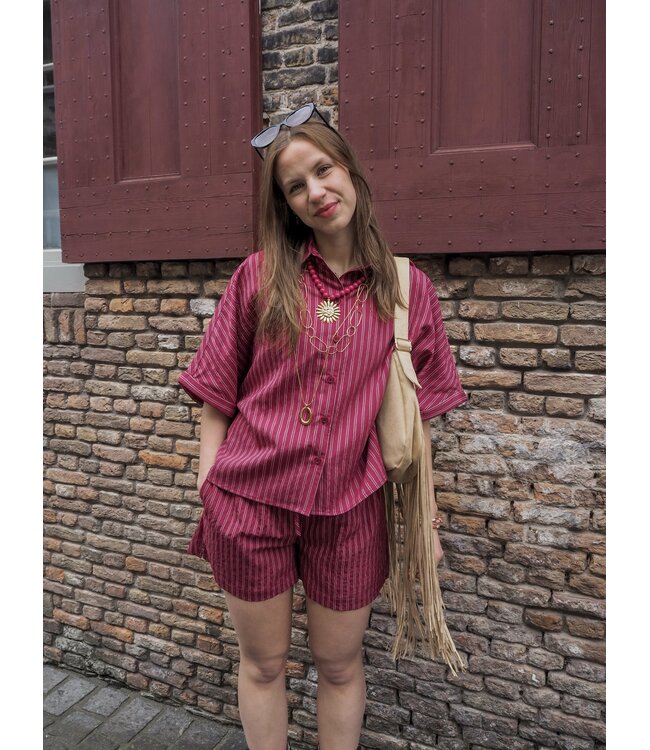 Catwalk Junkie Striped Short Sleeve Blouse - Berry