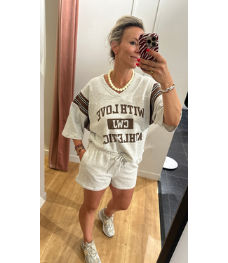Catwalk Junkie Sporty Graphic Short Sleeve Sweater - Light Grey Melange