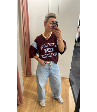 Catwalk Junkie Sporty Graphic Short Sleeve Sweater - Merlot