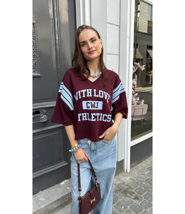 Catwalk Junkie Sporty Graphic Short Sleeve Sweater - Merlot