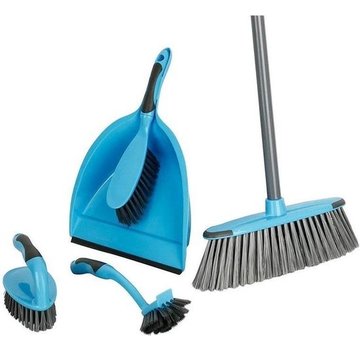 Schoonmaakset 6 delig - Bezem met steel - blik met handborstel - handschrobber- afwasborstel