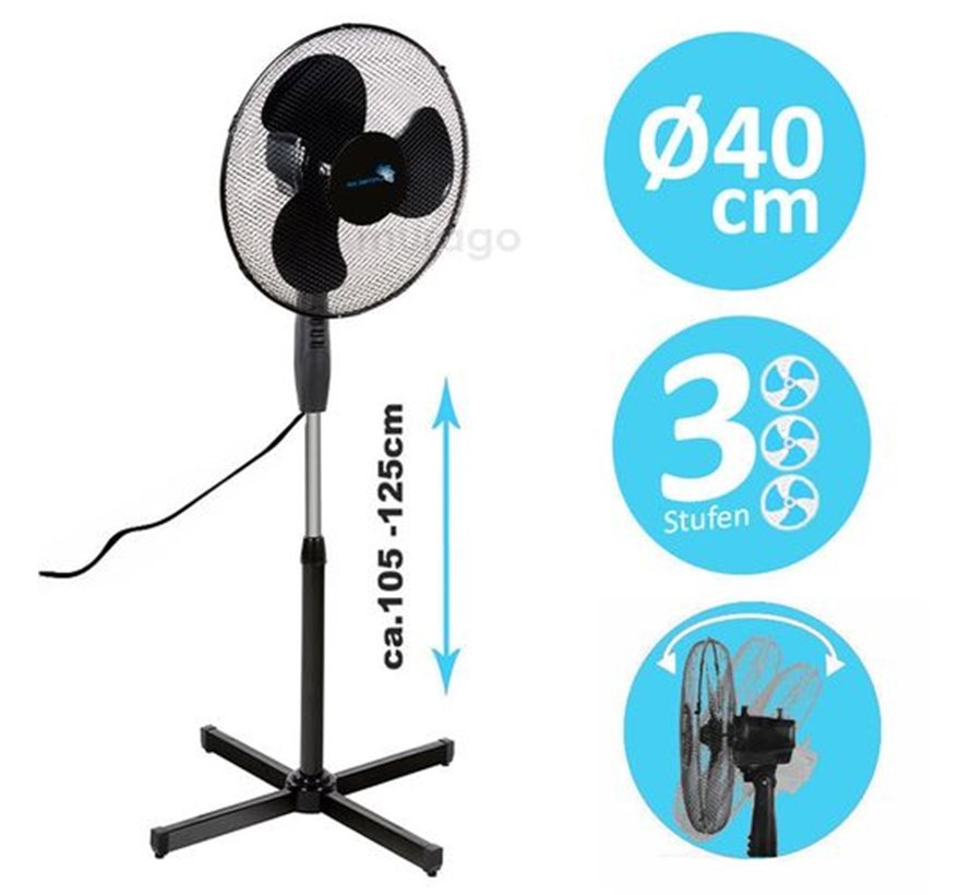 Lifetime Air Statiefventilator - Ø 40 cm - 42 W - 3 Snelheden - Zwenkfunctie - Zwart