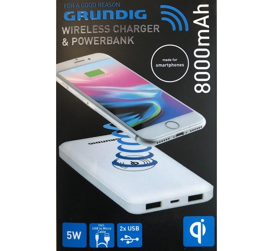 Draadloze oplader en 8000 mAh powerbank 2-in-1