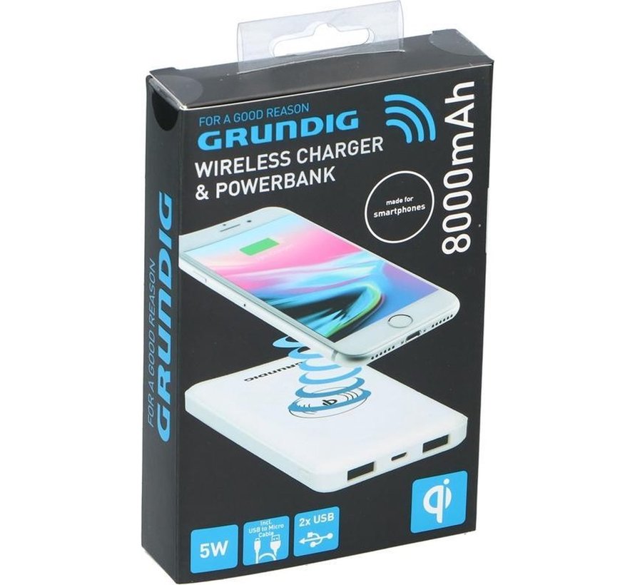 Draadloze oplader en 8000 mAh powerbank 2-in-1