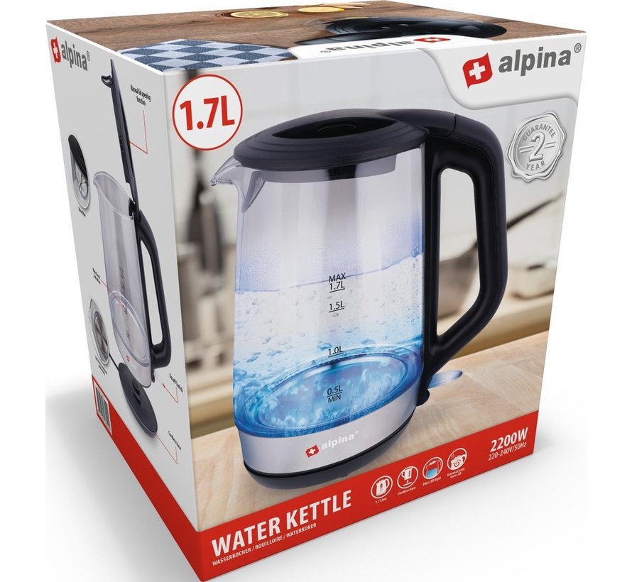 Waterkoker - Elektrisch - LED - Glas - RVS - Snoerloos - 1,7 Liter