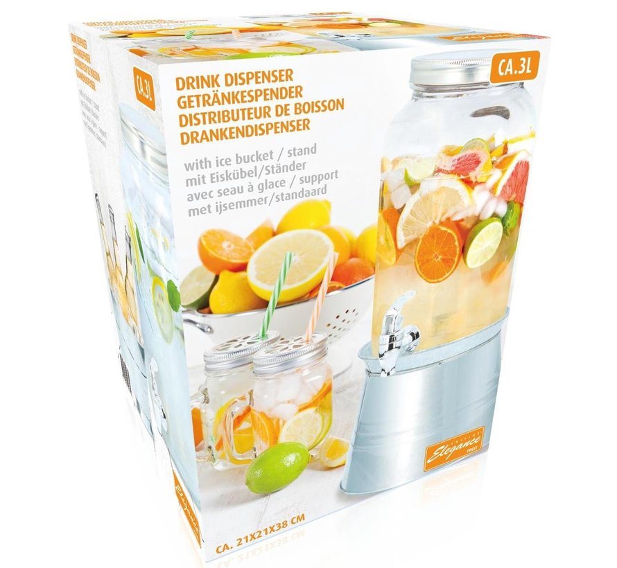 Drankendispenser - 3 L - 21x21x38cm - Inclusief ijsemmer